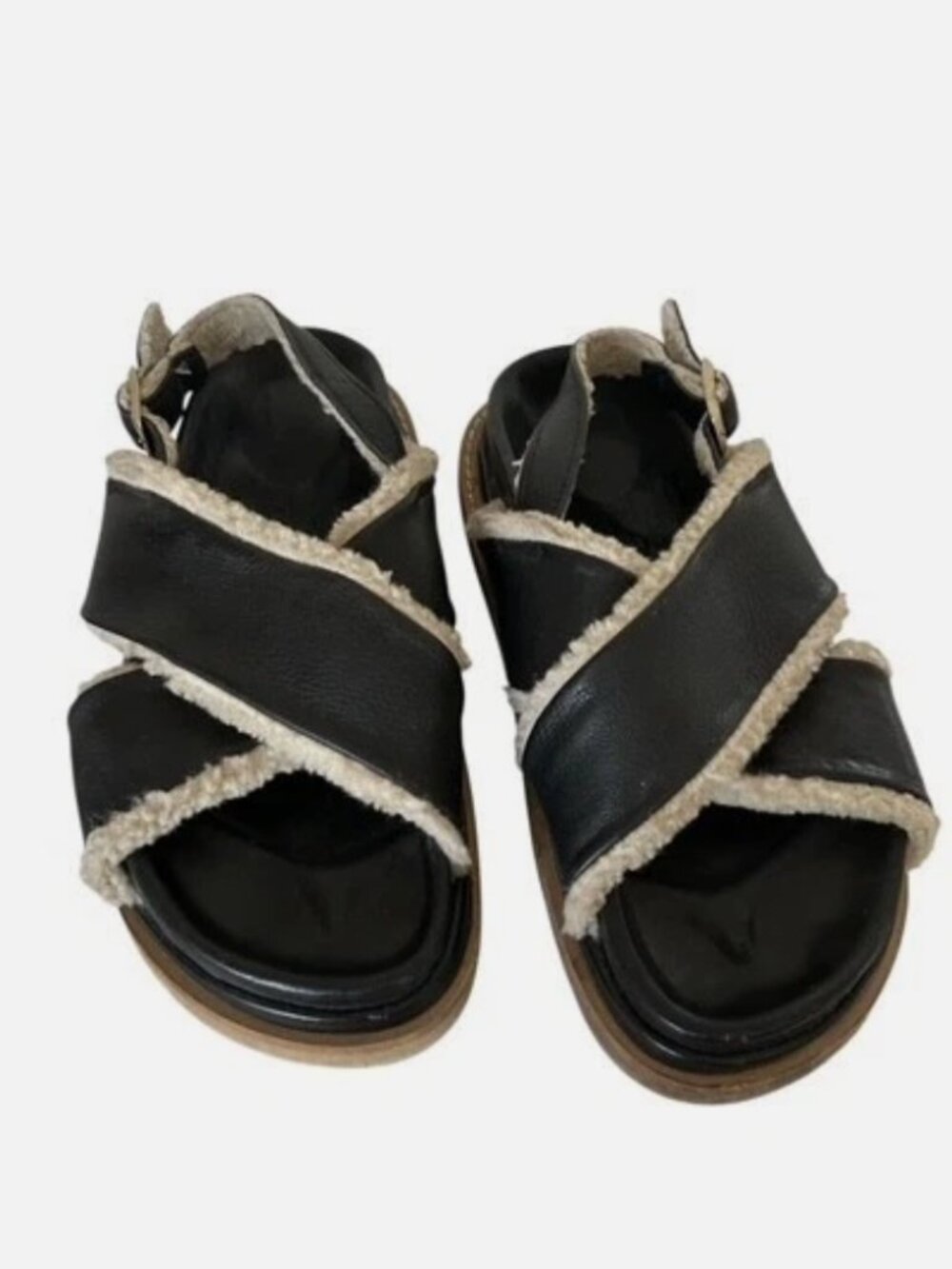 ALOHAS Marshmallow Black Leather Shearling Platform Slingback Sandals Women 7